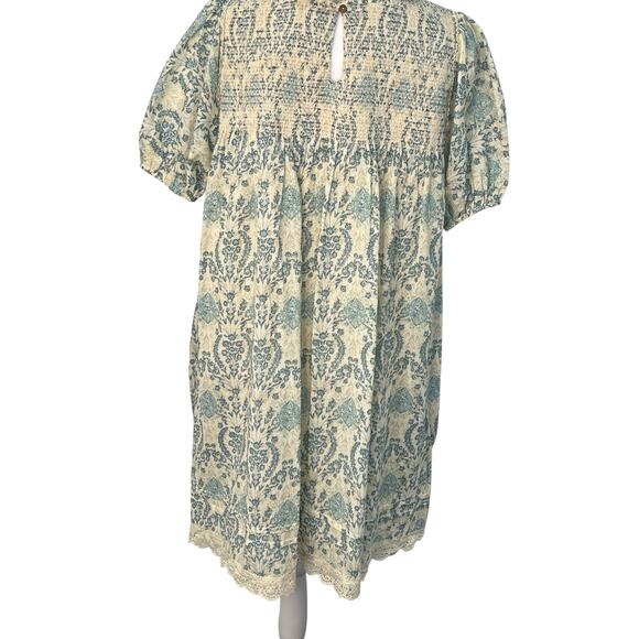 Easel Babydoll Smocked Antique Blue Cream Floral Damask Lace Trim Dress S Boho - Picture 12 of 13